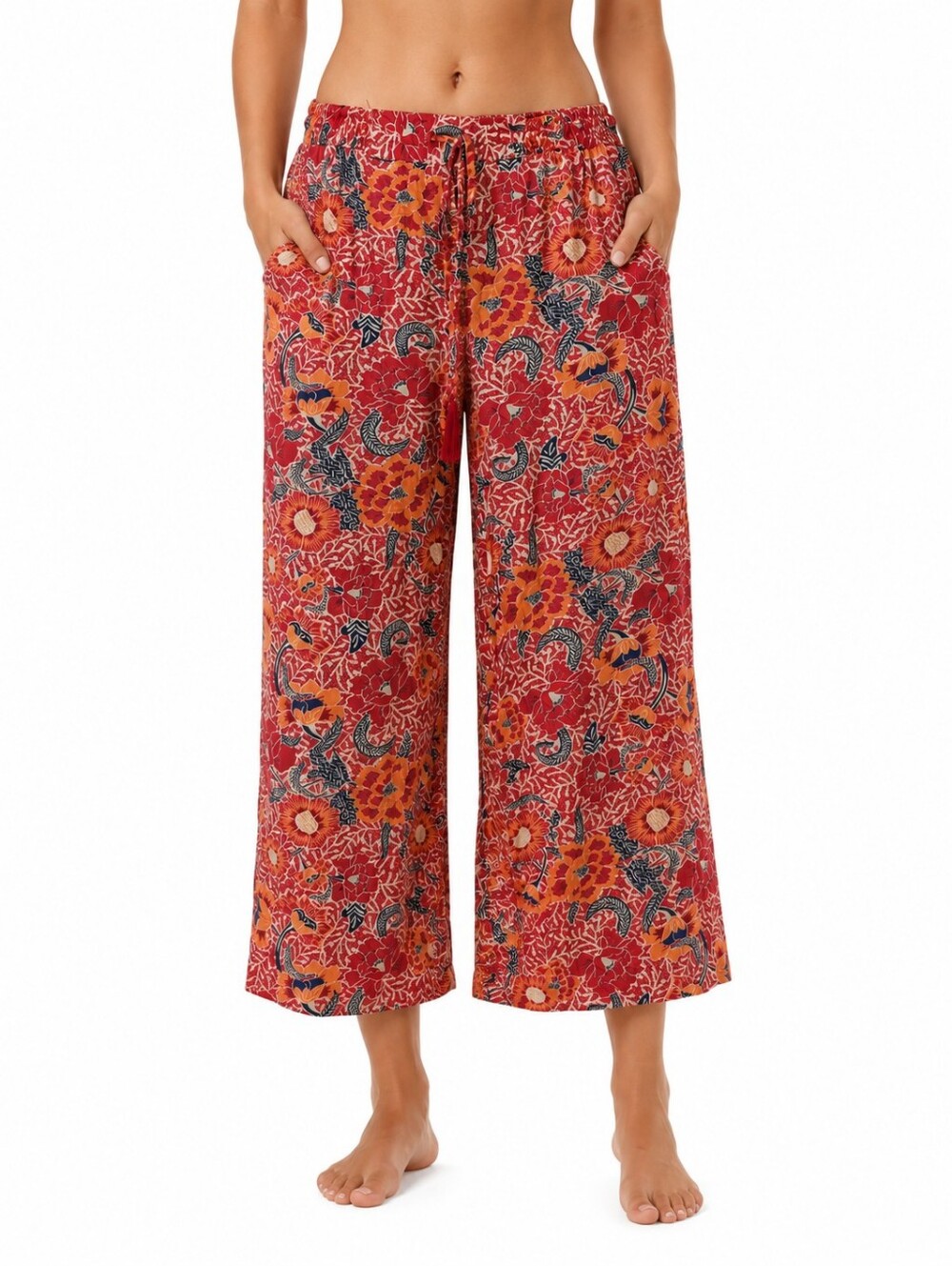 Angie Floral Boho Wide Leg Pants Size M Red Orange Paisley Flowy Smocked